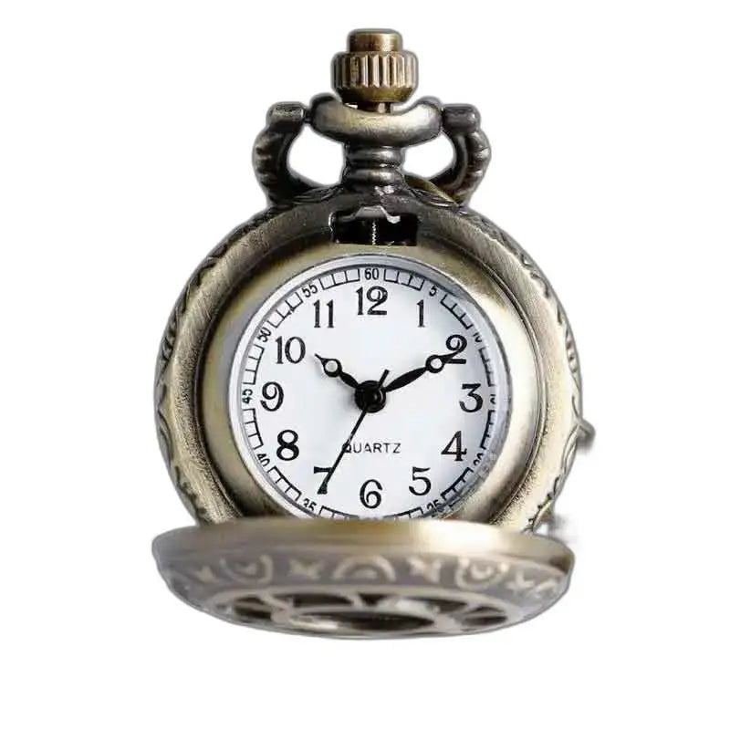 Vintage bronzen hangend zakhorloge met damesmedaillonketting