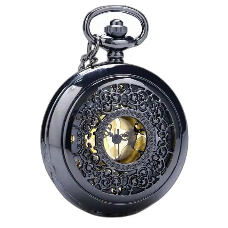 Chique dameshorloge met hanger in zilver met elegant zwart sierlijk zakhorloge