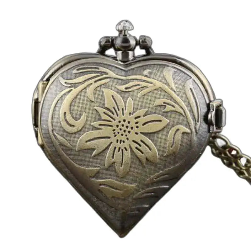 Elegant dameshorloge met hartjeshanger, quartz uurwerk en bloemgravures in antiek brons
