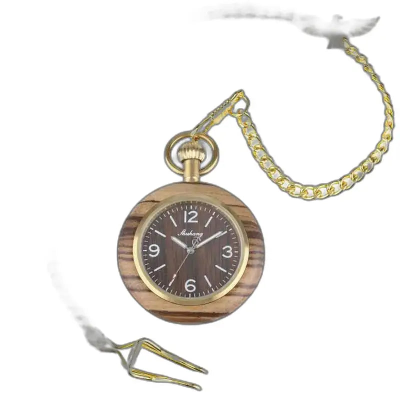 Luxe Zebrano Wood zakhorloge met elegante gouden ketting