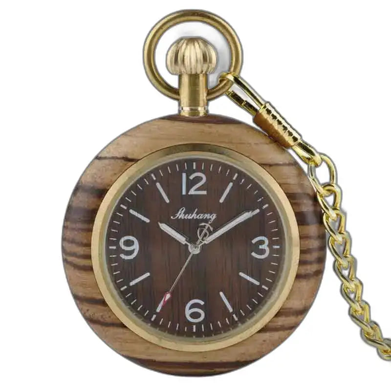 Luxe Zebrano Wood zakhorloge met elegante gouden ketting