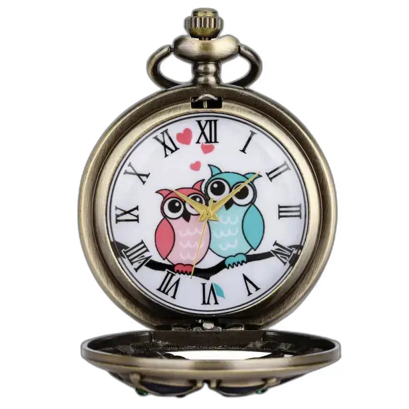 Klassiek bronzen uilen-diamanten quartz zakhorloge met elegant uilenmotief