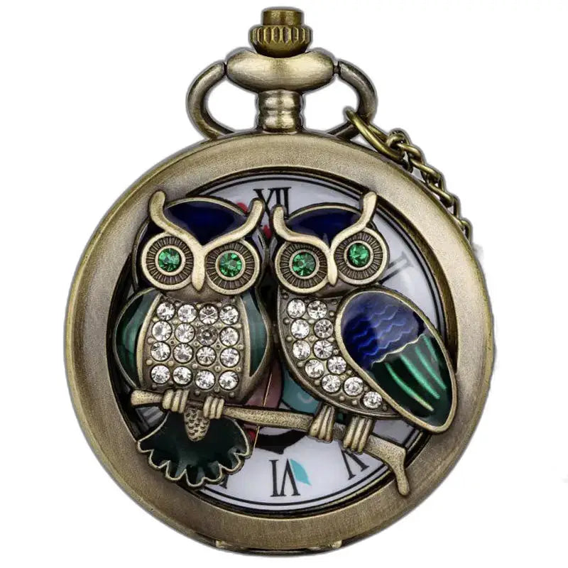 Klassiek bronzen uilen-diamanten quartz zakhorloge met elegant uilenmotief