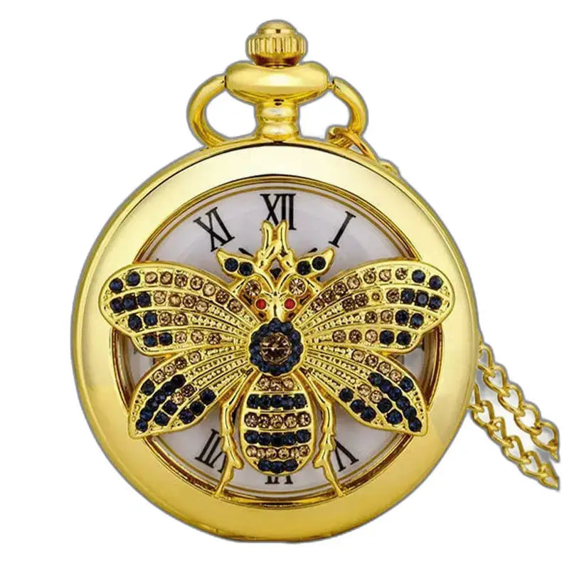 Gouden diamanten uil quartz zakhorloge met bijendecoratie op elegante achtergrond