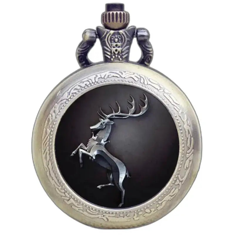 Fancy bronzen kettingzakhorloge met een hertenembleem