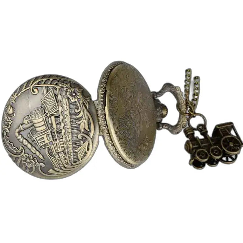 Steampunk-horlogeketting met antiek medaillon en sierlijke bronzen treinbedel