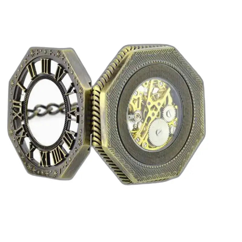 Steampunk skeletzakhorloge voor heren in elegant achthoekig brons