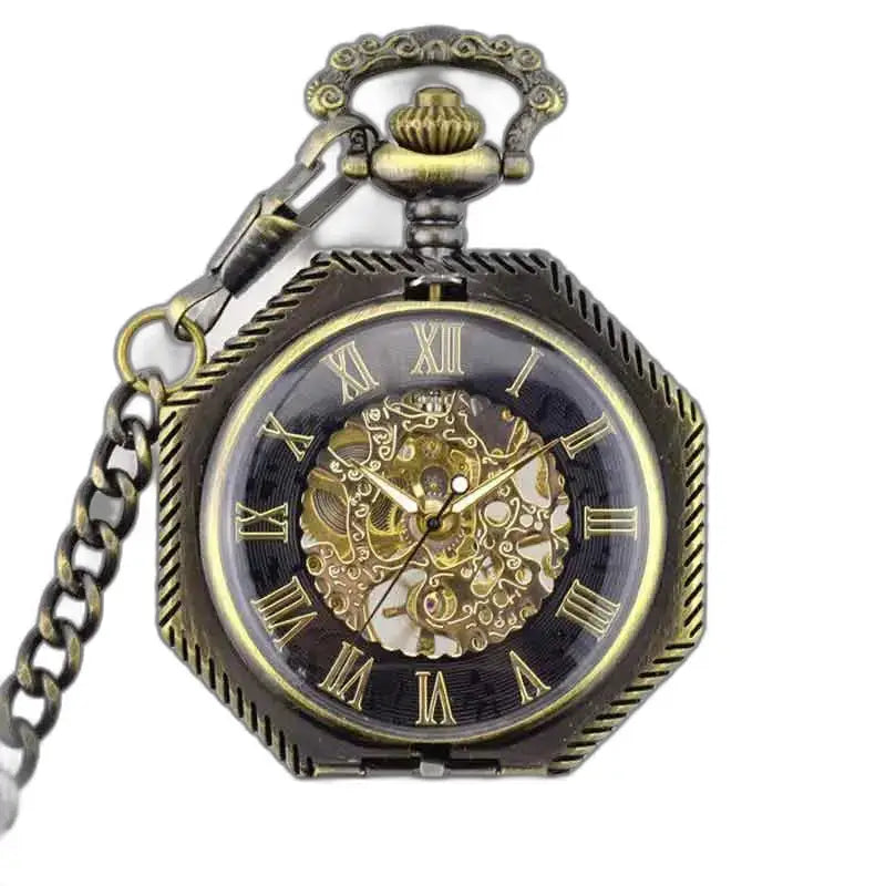 Steampunk skeletzakhorloge voor heren met zichtbaar mechanisme in achthoekig brons