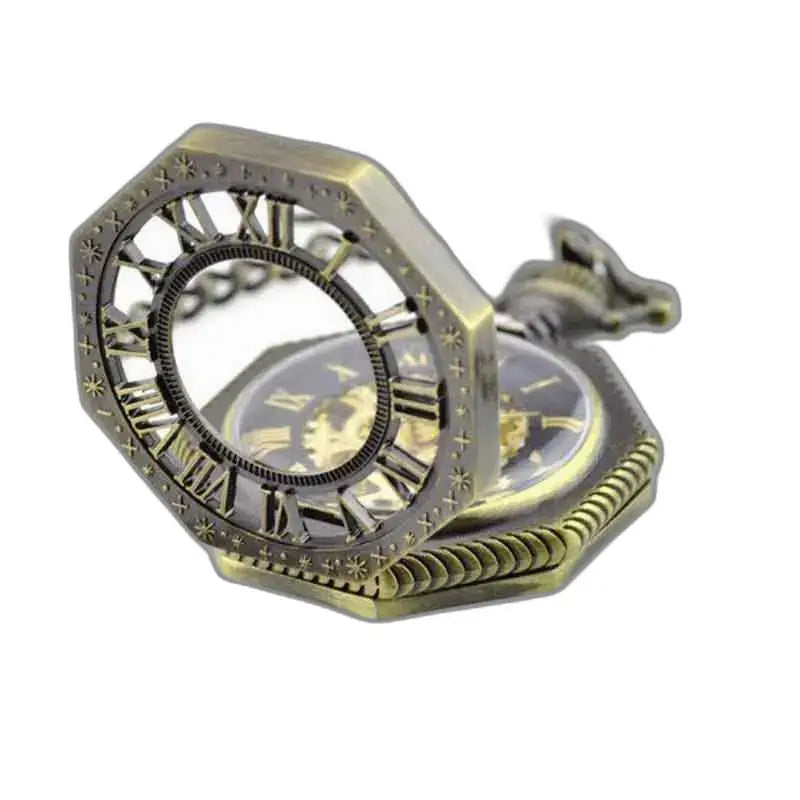 Steampunk skelet herenzakhorloge in achthoekig brons, elegant en uniek