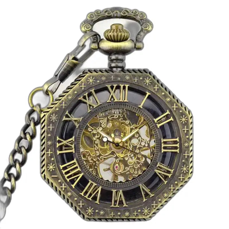 Steampunk bronzen herenzakhorloge met ketting en skeletmechanisme