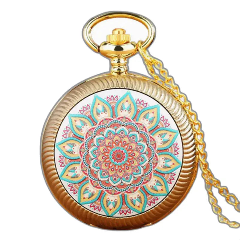 Vintage blauw bloemenhorloge in goud met kleurrijk mandala-ontwerp en kwartsmechanisme