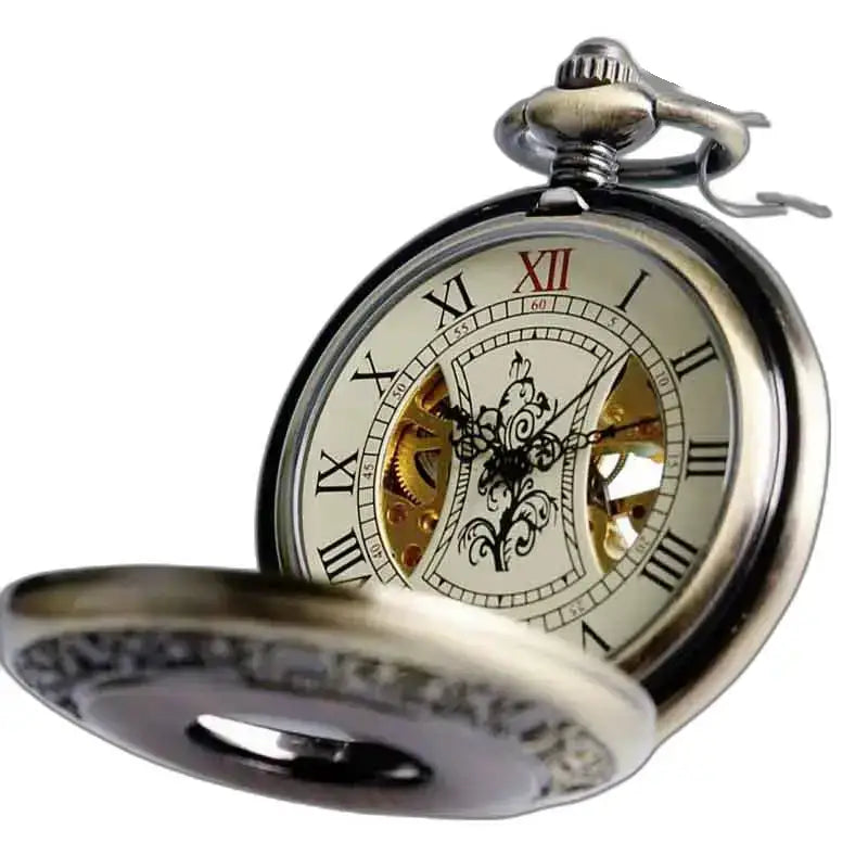Antiek open zakhorloge in duurzaam iepenhout fob-zakje