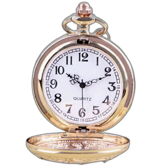 Stijlvol kwartszakhorloge met groene steen, gouden zakhorloge en witte wijzerplaat